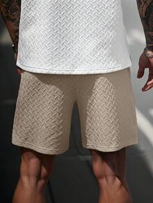 Manfinity CasualCool Quần short nam mùa hè chất liệu jacquard, có dây rút, cổ áo bo gân và miếng vá da, món quà lý tưởng cho bạn trai hoặc chồng. Quần short nam màu kaki, quần short nam màu kem, quần short nam phong cách đường phố, quần short nam màu be. - Màu be - Xem 2