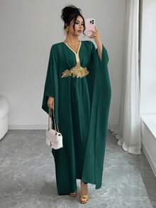 SHEIN Elenzya 金色滚边装饰优雅收腰修身中长连衣裙 - 墨綠色 - 查看 6