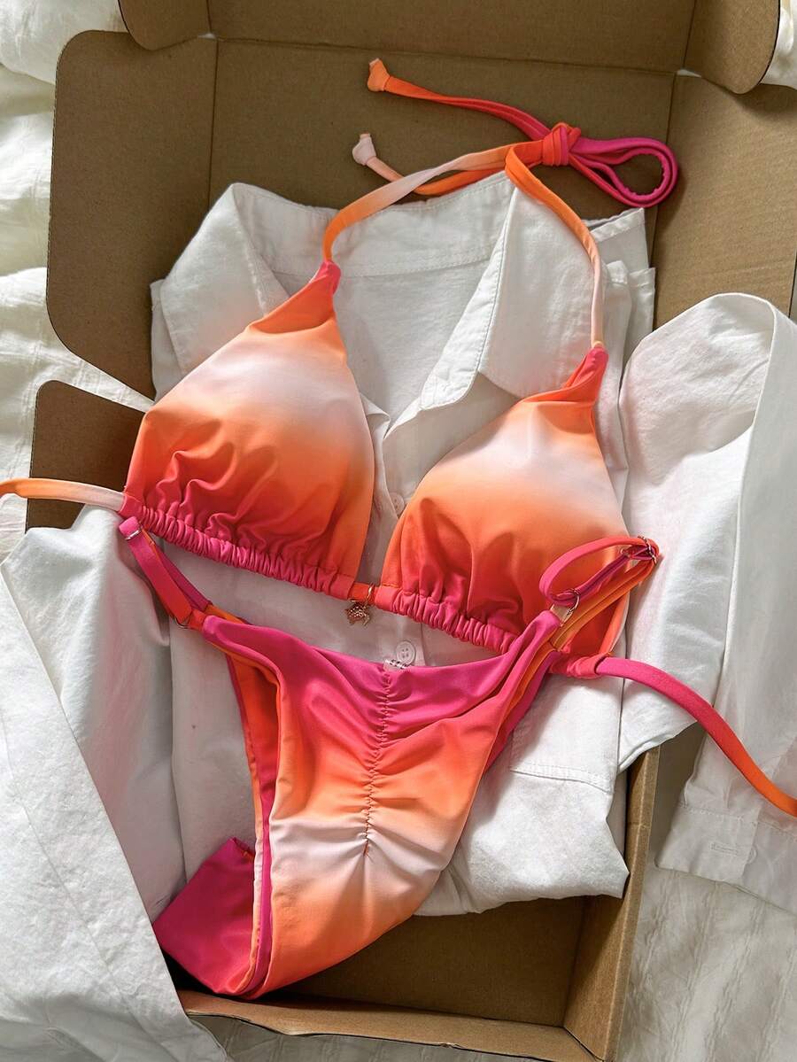 Swim Mod Conjunto de bikini de mujer con estampado de teñido anudado aleatorio, primavera/verano - Multicolor - Ver 1