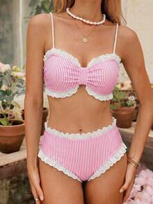 Swim Mod Set Bikini Pantai Musim Panas Baru dengan Hiasan Renda, Manis dan Lucu, Bergaris Merah Muda dan Putih dengan Trim Rumbai - Berwarna merah muda - View 8