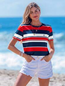 Sylviya Casual Minimalist Nautical Striped Pattern Round Neck Short Sleeve Loose Women T-Shirt, Suitable For Summer,Vacation - Multicolor - View 1