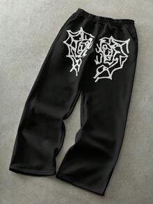 PAVTROS Quần nỉ nam phong cách đường phố phổ biến của INS, thêu họa tiết mạng nhện và trái tim, chất liệu vải mềm mại, dáng rộng, màu hồng, món quà lý tưởng cho bạn trai/chồng, quà kỷ niệm. - màu đen - Xem 3