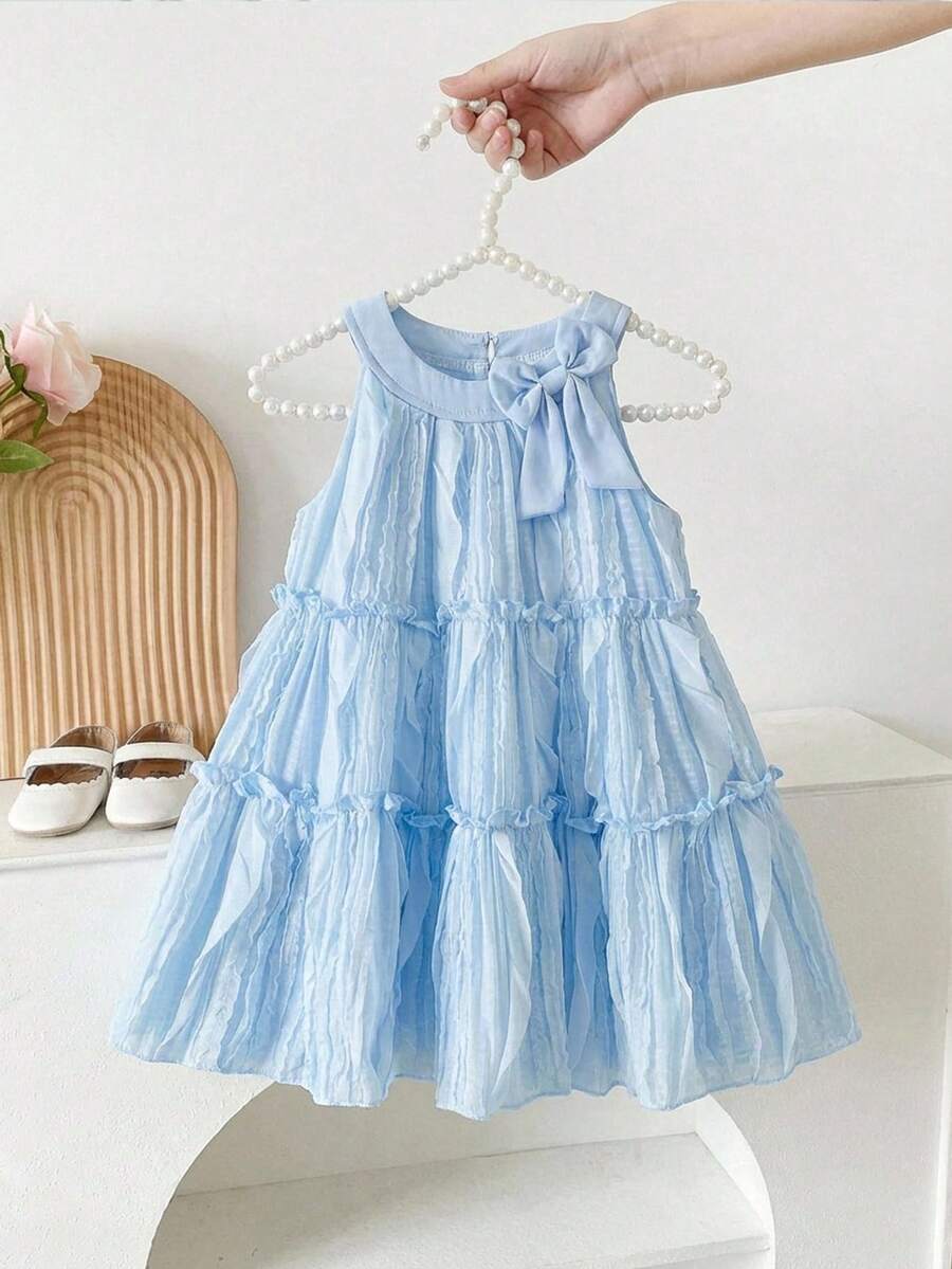 SHEIN 女婴春季无袖天蓝色A字连衣裙，饰有蝴蝶结，甜美公主风，圆领，适合日常穿着 - 藍色 - 查看 1