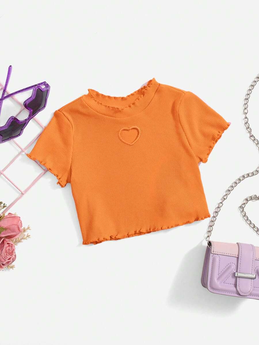 SHEIN Baby Girl Heart Pattern Ribbed Casual Versatile Daily Wear Short Sleeve Top - Orange - View 1