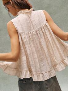 Bohemela Women's Casual Woven Contrast Lace Ruffle Hem Loose Tank Top - Beige - View 7