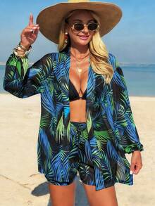 Swim Lushoire 女士春夏沙滩套装，热带树叶印花长袖和服罩衫搭配束腰短裤 - 黑色 - 查看 1