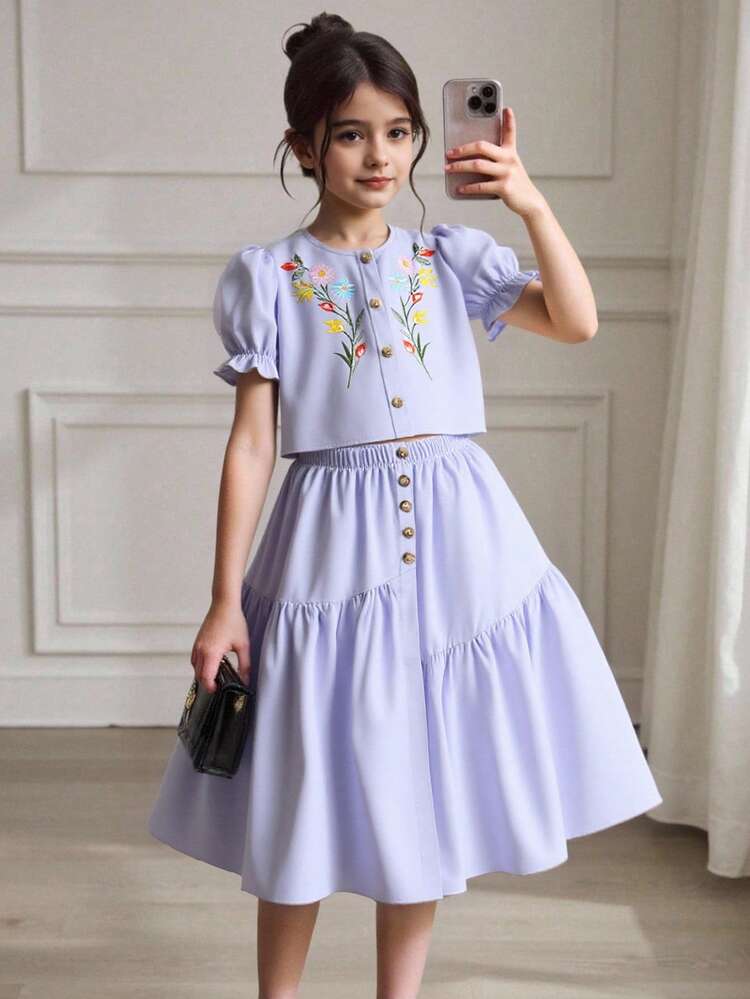 两件套少女复古印花花瓣袖衬衫+不对称纽扣半身裙套装，舒适的春夏度假装 - 紫色 - 查看 1