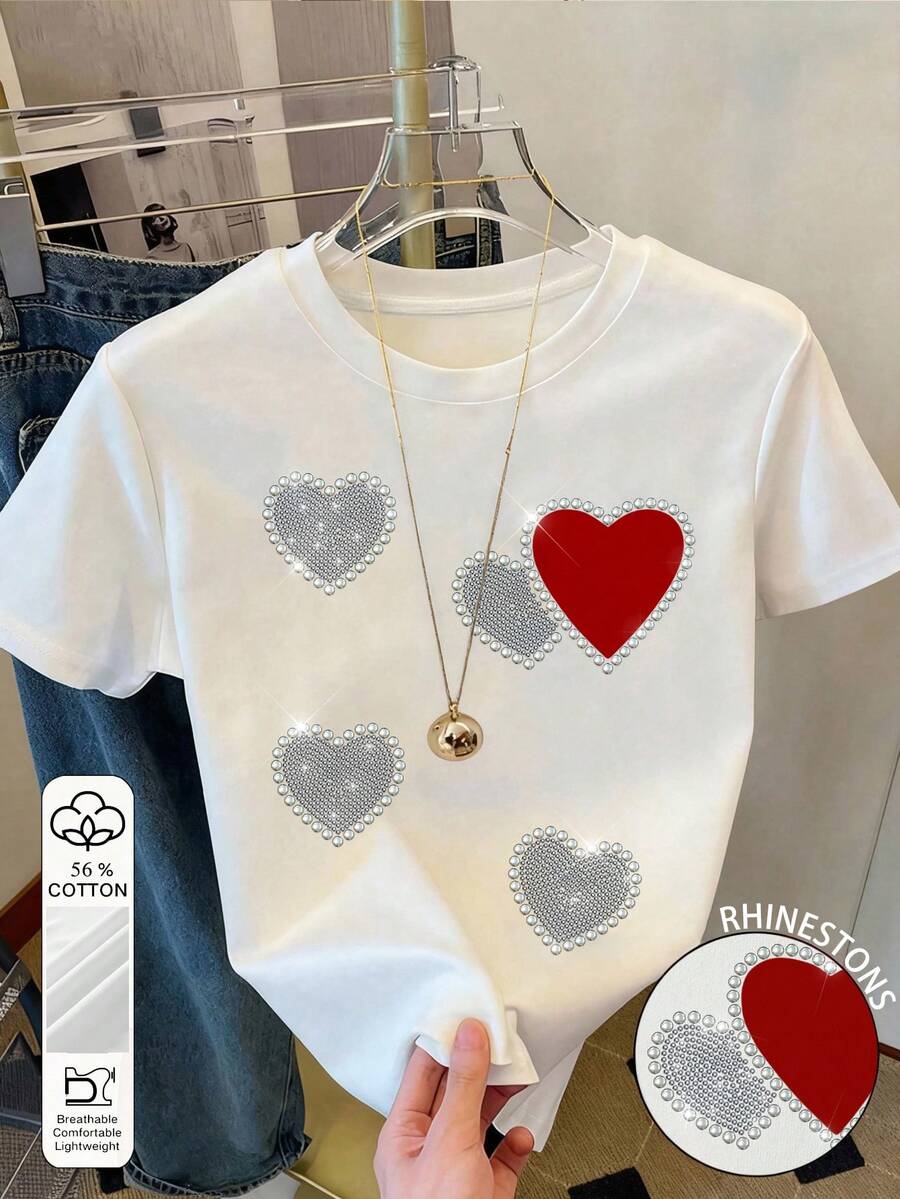 Resyla Camiseta de mujer de manga corta y cuello redondo casual de 56% algodón con estampado de corazón y decoración de rhinestones, regalo para amigos - Blanco - Ver 1