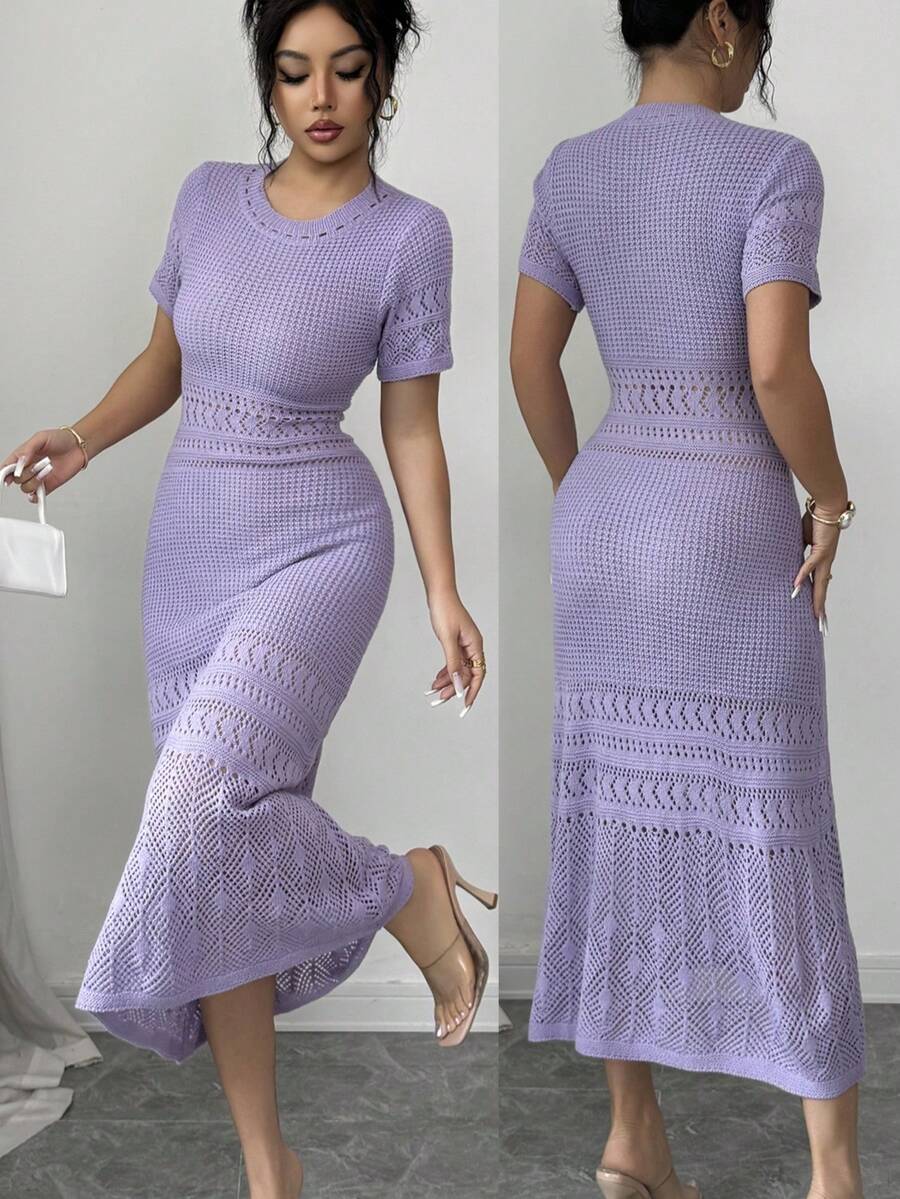 Elenzga 女士春夏新款嘉年华圆领收腰中长款优雅女士法式约会百搭时尚喇叭下摆针织短袖连衣裙 - 紫色 - 查看 1