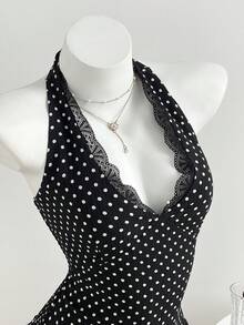 Elamini 女士波点撞色蕾丝收腰深V领连衣裙 - 黑色 - 查看 4