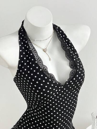 Elamini 女士波点撞色蕾丝收腰深V领连衣裙