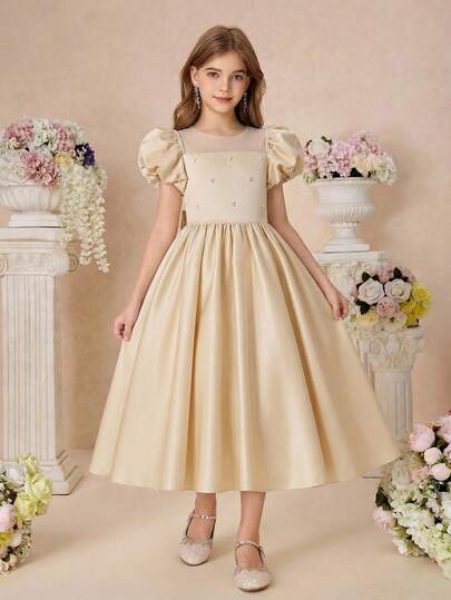 Tween Girls' Satin Short Sleeve Dress With Beaded Bubble Sleeves, High-End Champagne Color, Full Skirt, Suitable For Birthday, Wedding, Party, Stage Performance, Vacation, Elegant Princess Style