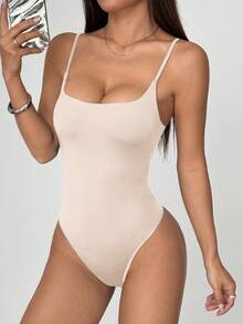 FavEase Women's Fashionable Minimalist Low Neck Solid Color Casual Bodysuit, Suitable For Spring/Summer, European And American Style - Apricot - View 7