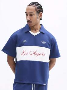 SUMWON Casual Collared Polo Short Sleeve Matching Set With Embroidered Los Angeles Logo Chest Print Relaxed Fit Comfortable Coordinated Outfit Royal Blue - Blue - View 3