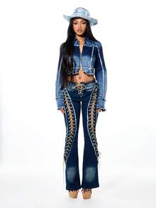 SUMWON WOMEN 做旧拼接牛仔短款拉链夹克，毛边下摆细节，秋冬外套 - 藍色 - 查看 3