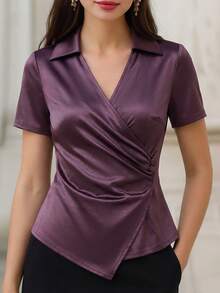 Balvessa Women's Fashion Lapel Waist Button Pleated Asymmetrical Hem Elegant Elegant Casual, Vacation, Outing, Party Shirt, Spring/Summer - Mauve Purple - View 1