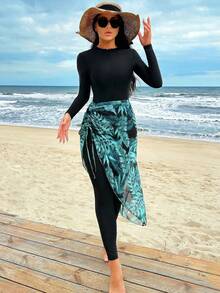 Swim Mulvari 2 piezas Conjunto burkini de mujer con estampado floral tropical + falda con cordón, conjunto de playa de cobertura completa para vacaciones, primavera/verano - Negro - Ver 1