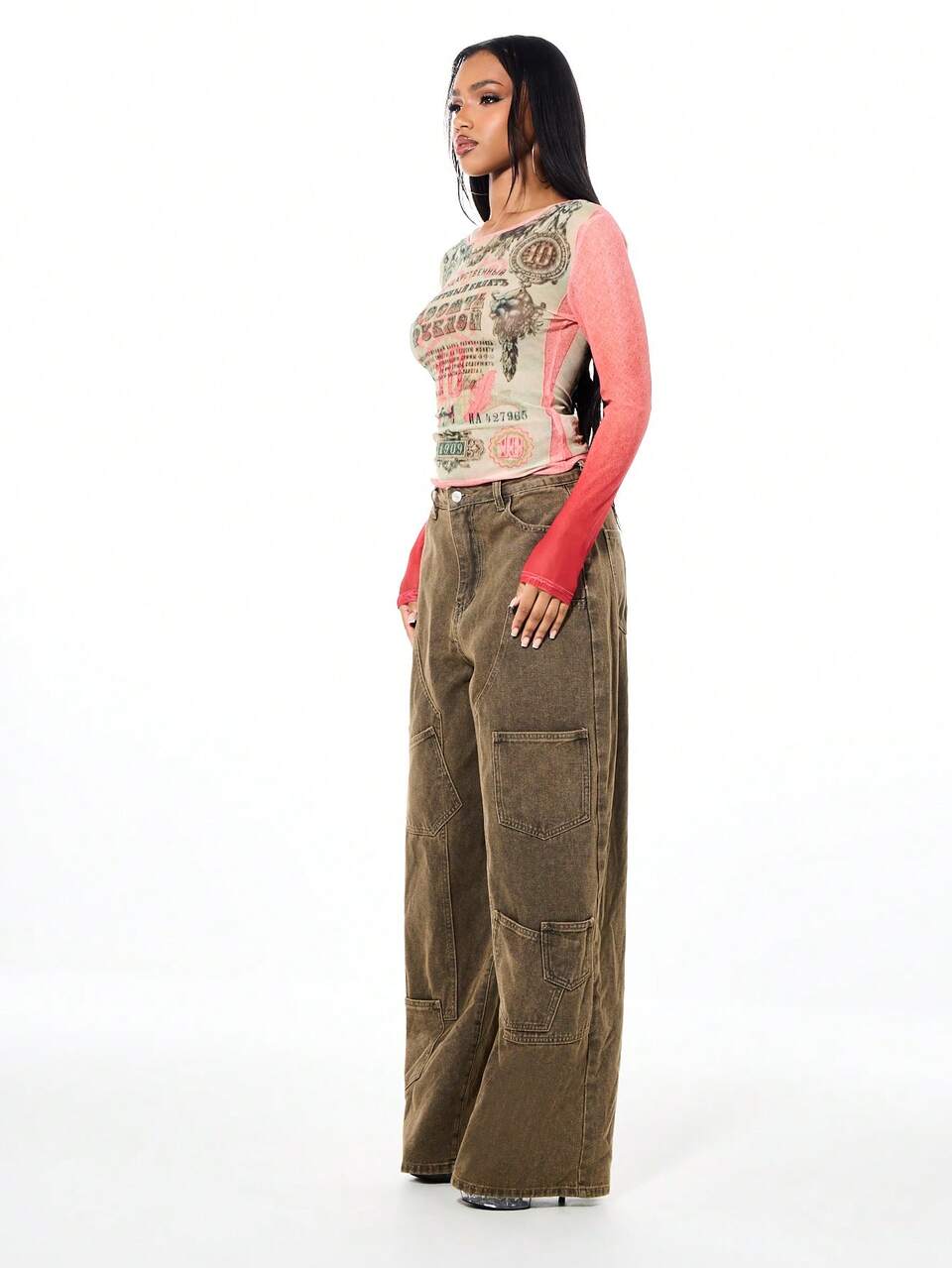 SUMWON WOMEN Brown Carpenter Wide Leg Barrel Jeans With Utility Pockets