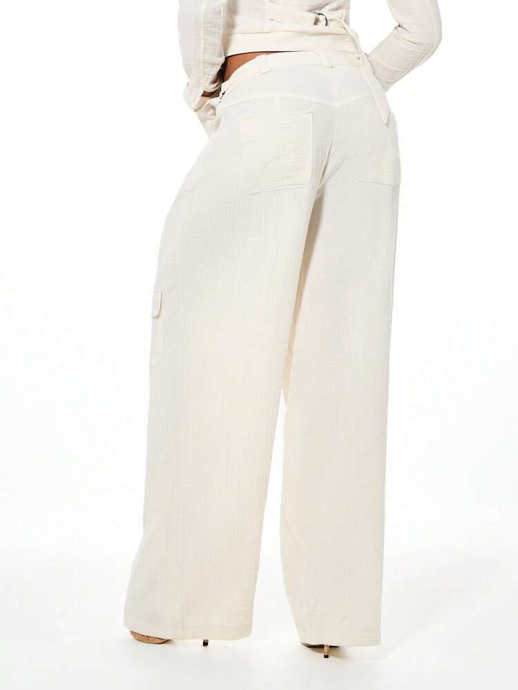 SUMWON WOMEN Wide Leg Linen Feel Cargo Pants With Multiple Pockets