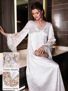 Layrah Elegante y lujoso vestido con cuello en V, mangas acampanadas con flecos y asimétrico, para primavera/verano - Blanco - Ver 4