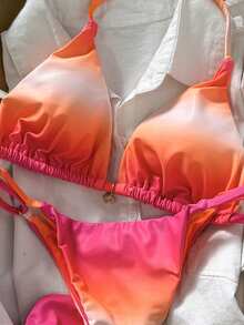 Swim Mod Conjunto de bikini de mujer con estampado de teñido anudado aleatorio, primavera/verano - Multicolor - Ver 6