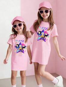 Elladie kids 春夏少女休闲时尚创意个性清新简约可爱酷炫虚拟少女组合卡通人物彩色五角星图案字母标语印花休闲基础款粉色短袖T恤裙，舒适温暖的夏秋款式，适合女孩夏秋氛围穿搭。 - 淺粉色 - 查看 8