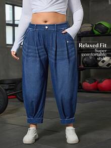 Flexra 大码女式口袋纽扣休闲牛仔哈伦裤，百搭街头风 - 深色水洗藍 - 查看 3