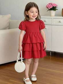 1pc Young Girl Deep Red Short Sleeve Round Neck Cake Dress,3D Ruffle & Pearl Decor,Summer Satin Party Dress,Flattering Silhouette For Celebration - Red - View 3