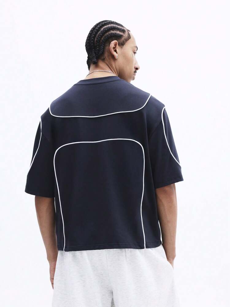 Herren Navy Rundhals Kurzarm Oversized T-Shirt mit weißen Kontrastpaspeln und Markenlogo Brust Muster Casual Streetwear Oberteil