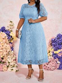 Fleurora 春夏优雅通勤办公派对情人节鸡尾酒会音乐会/音乐节白色针织蕾丝圆领喇叭泡泡袖荷叶边中长短袖大码连衣裙 - 藍色 - 查看 3