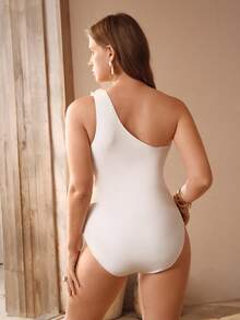 Swim Chiccia 大码女士纯色连体泳衣，饰有3D立体花卉图案，时尚百搭 - 白色 - 查看 2
