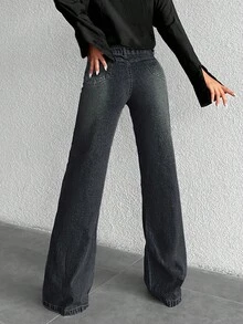 ZIRRA 女式高腰口袋休闲喇叭牛仔裤，百搭 - 黑色 - 查看 2