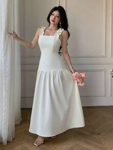 Celisse Square Neck Ruffle Trim Adjustable Shoulder Strap Elastic Waist Dress For Women - Apricot - View 5