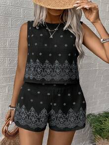 EMERY ROSE Large-Sized Woven Printed Summer Women's Two Pieces Set - Black - View 5