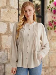 Parysyn Plus Size Elegant Women's Cream Blouse With Pleated Front And Banded Collar Long Sleeves For Everyday Wear Casual Blouse Western Tops Ribbed Shirt - Apricot - View 5