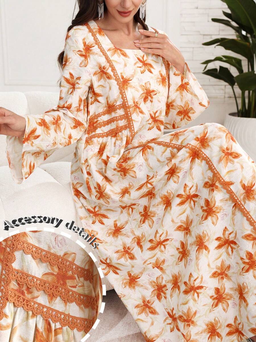 Al Najma Vestido elegante holgado con cuello cuadrado, volantes y estampado floral de moda - Multicolor - Ver 1