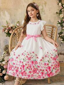 SHEIN 2pcs/Set Girls Cute Summer White Milk Silk Floral Print Round Neck Flutter Sleeve Top And Butterfly Elastic Waist Skirt,Tea Party Vacation Outfit - White - View 3