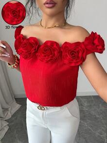 Rafferiza 露肩纹理花卉条纹面料衬衫 - 紅色 - 查看 1