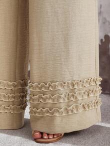 Parysyn 大码女式纯色腰带荷叶边阔腿宽松休闲裤 - 杏色 - 查看 6