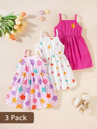 SHEIN Vintaside Kids 3pcs Baby Girls' Sleeveless Dress Set, Elastic Leopard Stripe Sundress, Suitable For Summer Vacation Party, Casual Patchwork, Leopard, Floral Print Decor Camisole With Moderate Stretch