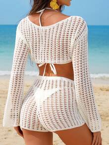 Swim Vcay 新款时尚优雅精致镂空沙滩上衣+短裤女式罩衫 - 白色 - 查看 2