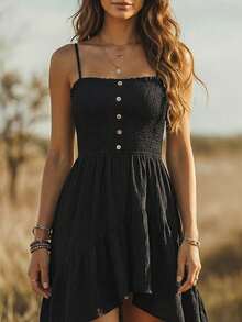 Balvessa Bohemian Style Casual Vacation Front Short Back Long Cinched Waist Women's Mid-Length Dress - Black - View 7