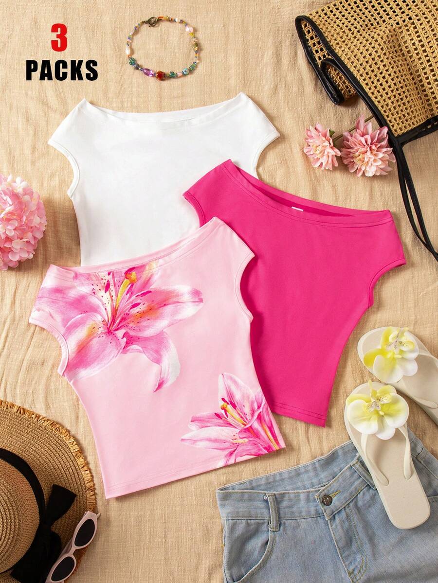 Sparklyn 3pcs/Set Girls' Off-Shoulder Snug Fit T-Shirts, Vacation Style, Multicolor - Multicolor - View 1