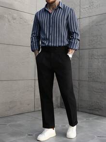 Manfinity CasualCool Áo sơ mi dài tay nam dáng suông kẻ sọc nâu trắng cổ điển, thích hợp cho mùa thu. - Xanh đậm - Xem 3