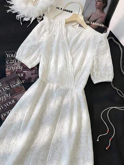 SHEIN Franclia Solid Color Hollow Embroidery V-Neck Wrap Elegant Short Sleeve Dress