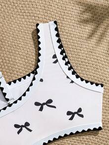SHEIN Tween Girl's Bow Print One-Piece Swimsuit With Ruffle Trim, Suitable For Summer Beach Vacation - Black and White - View 5