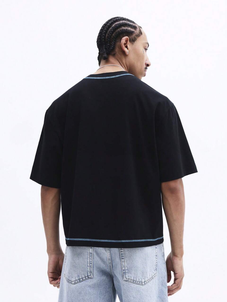 SUMWON Men's Crew Neck Short Sleeve Blue Stitch Detail Contrast Trim Oversized T-Shirt Cotton Casual Streetwear Summer Spring Plain