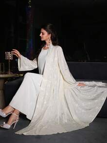 Yasmyna Collared Jacquard Satin Fabric Waist Tie Long Sleeve Flared Women's Abaya - Apricot - View 2