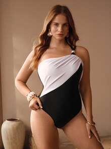 Swim Chiccia Plus Size Women's Black & White Patchwork One-Piece Backless Tie-Front Swimsuit,Classy Holiday Vacation Summer Beach Shapewear Bathing Suit - Black and White - View 6