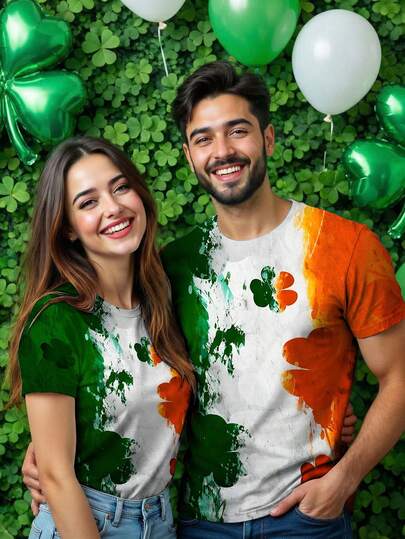 Manfinity Homme New Men's Casual Irish Four-Leaf Clover Print Contrast Color T-Shirt, Suitable As St. Patrick's Day Gift, Unisex, Party Essential